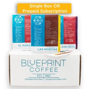 Three bags of Blueprint Coffee sitting atop a white box bearing the Blueprint coffee logo.