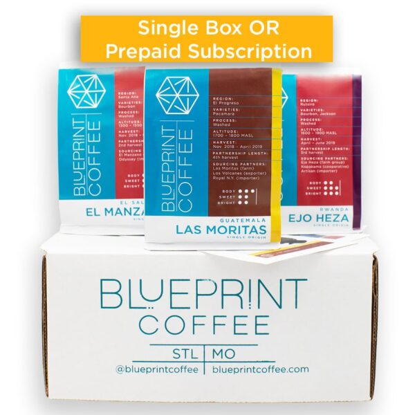Three bags of Blueprint Coffee sitting atop a white box bearing the Blueprint coffee logo.