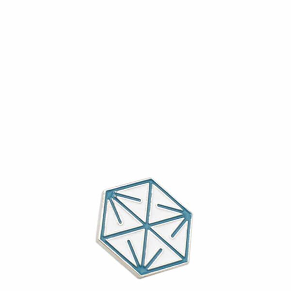 Close-up image of the Blueprint Enamel Pin. The pin features the Blueprint Coffee cube logo in blue on a white background.