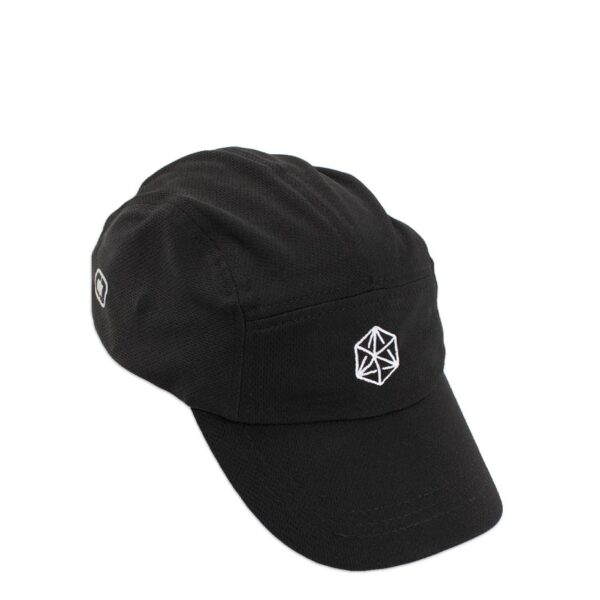 A black athletic running hat with the Blueprint Coffee cube logo in white on the front.