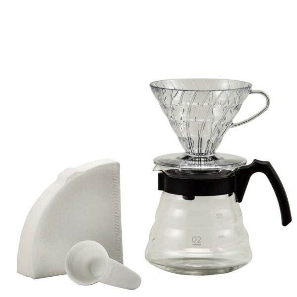 The black version of the V60 Coffee Server set, which shows the included scoop, filters, decanter, and dripper.