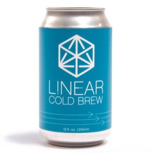 A blue can of Linear Cold Brew featuring the logo and text in white.