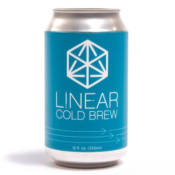 A blue can of Linear Cold Brew featuring the logo and text in white.