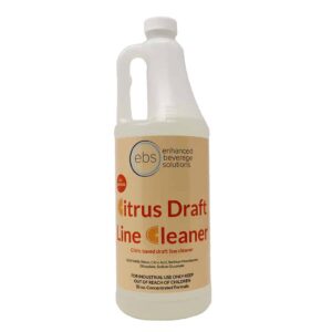 A plastic bottle of Citrus Draft Line Cleaner. It features a cream colored label with the Enhanced Beverage Solutions logo at the top.