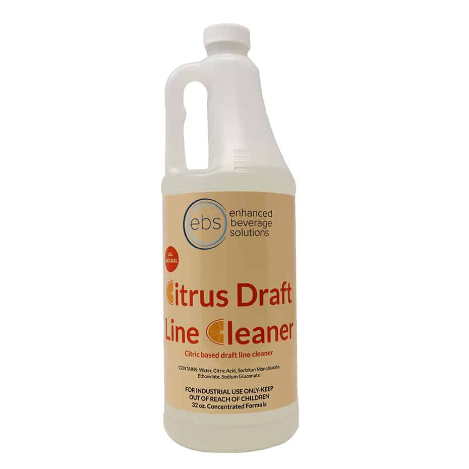 A plastic bottle of Citrus Draft Line Cleaner. It features a cream colored label with the Enhanced Beverage Solutions logo at the top.