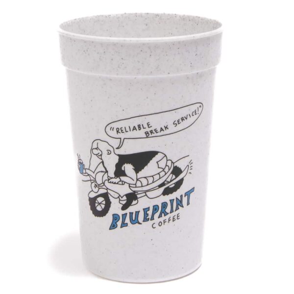 A grey plastic cup with an illustration of someone reading a motorcycle above text that reads "Blueprint Coffee."