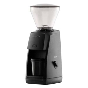 The Baratza Encore ESP espresso grinder in black with a clear hopper and translucent grey dosing cup.