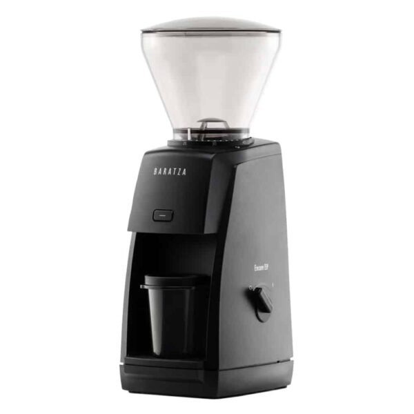 The Baratza Encore ESP espresso grinder in black with a clear hopper and translucent grey dosing cup.