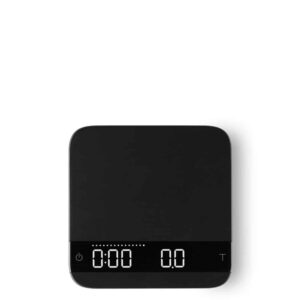 The Acaia Lunar scale with its timer and weighing display showing.
