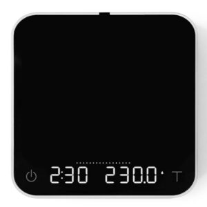 The Acaia Pearl Scale in original black, showed here turned on in timing & weighing mode.