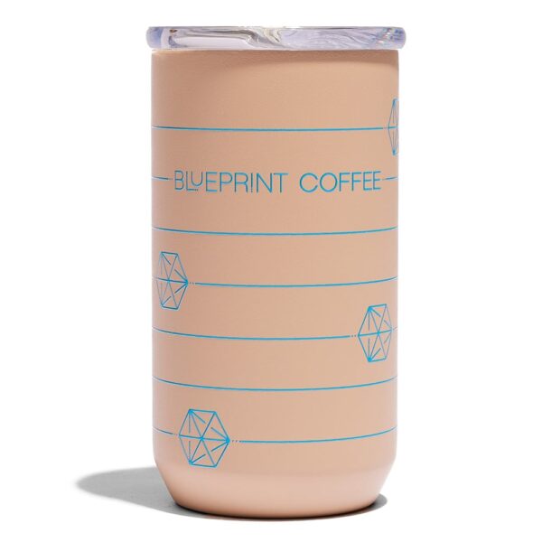 The front of the Blueprint Cube Tumbler. It features the Blueprint Cube on horizontal stripes and Blueprint Coffee text logo.