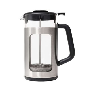An 8-cup Oxo French Press with glass insert and metal surround.