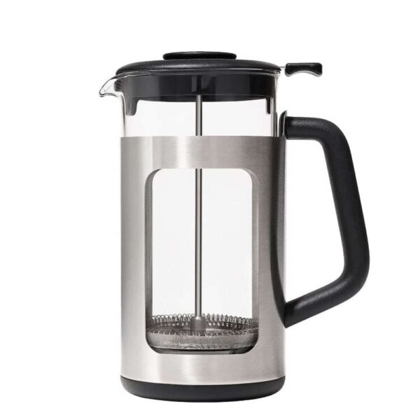 An 8-cup Oxo French Press with glass insert and metal surround.