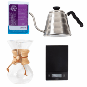Four items from the chemex kit. A bag of Drupe coffee beans in the top left, a Buono kettle in the top right, a chemex brewer on the bottom left, and a Hario Drip Scale on the bottom right.