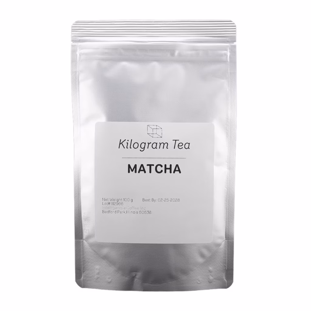 A silver 100-gram pouch of Kilogram's ceremonial-grade Matcha green tea.