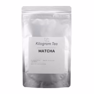 A silver 100-gram pouch of Kilogram's ceremonial-grade Matcha green tea.