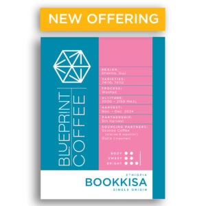 A 12-ounce bag of Bookkisa, Ethiopia coffee beans featuring the Blueprint Coffee logo in blue on the left and coffee details in pink on the right.