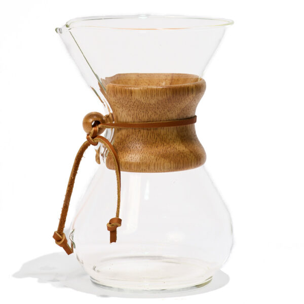 The Chemex 6-cup coffeemaker featuring a wooden handle with the classic, signature leather tie around the middle.