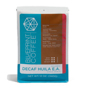 A 12-ounce bag of Decaf Huila EA, Colombia coffee beans roasted by Blueprint Coffee.