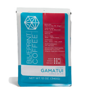A 12-ounce bag of Gamatui, Uganda coffee beans roasted by Blueprint Coffee. The bag features the Blueprint Coffee logo on blue on the left half and the coffee details in red on the right half.