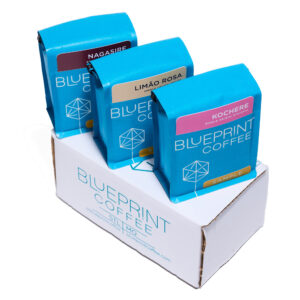 An overhead view of three bags of coffee on top of their sample box.