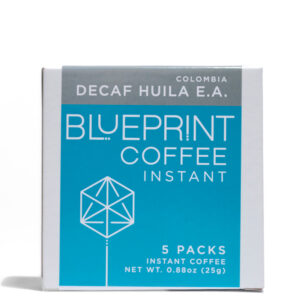 A 5-pack box of Decaf Huila EA instant coffee.