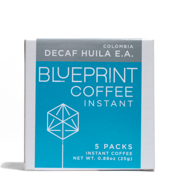 A 5-pack box of Decaf Huila EA instant coffee.