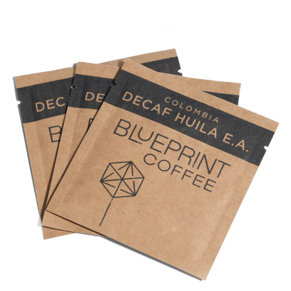 Three sachets (or servings) of Decaf Huila E.A. instant coffee.