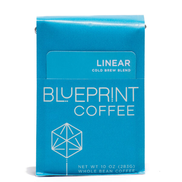 A blue 10-ounce bag of Linear Cold Brew Blend coffee beans featuring the Blueprint Coffee Logo and a removable info card.