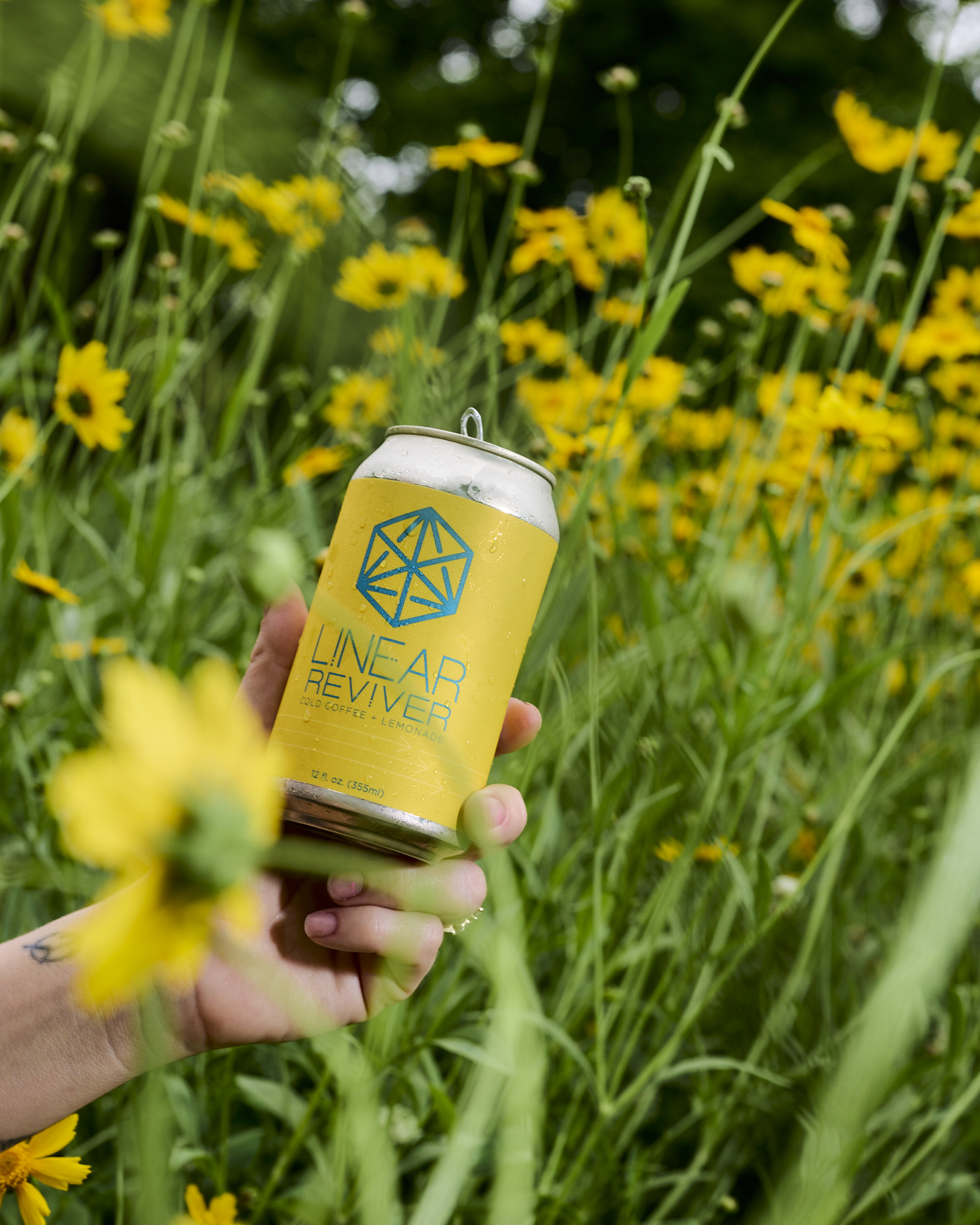 A person's hand holding up a yellow can of Linear Reviver among a field of tall yellow wildflowers