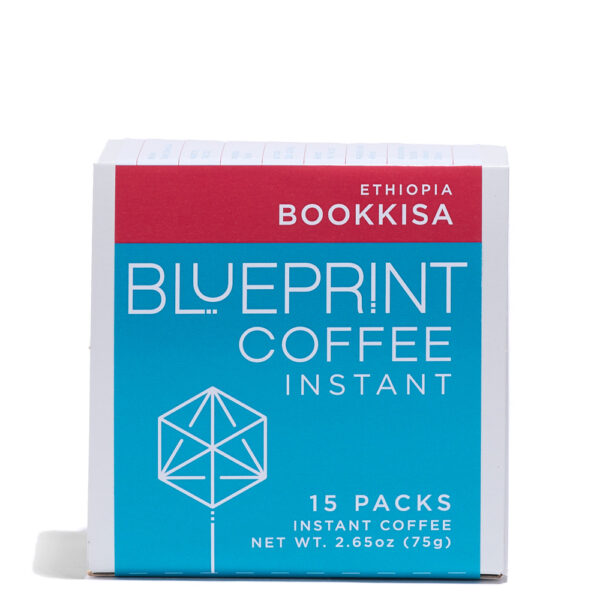 A white box containing 15-packs of Bookkisa, Ethiopia instant coffee roasted by Blueprint Coffee. The box features the Blueprint Coffee logo in blue and the coffee name in red.