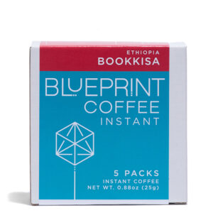 A white box containing Bookkisa, Ethiopia instant coffee roasted by Blueprint Coffee. The box features the Blueprint Coffee logo in blue and the coffee name in red.