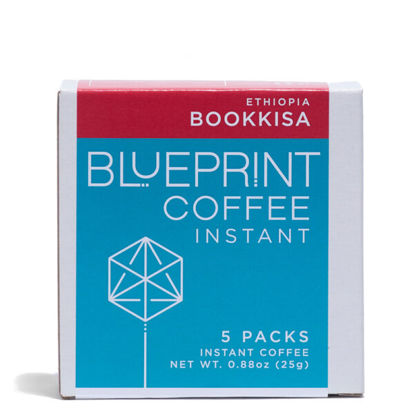 A white box containing Bookkisa, Ethiopia instant coffee roasted by Blueprint Coffee. The box features the Blueprint Coffee logo in blue and the coffee name in red.