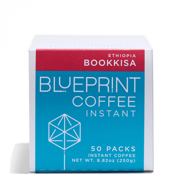 A white box containing 50-packs of Bookkisa, Ethiopia instant coffee roasted by Blueprint Coffee. The box features the Blueprint Coffee logo in blue and the coffee name in red.