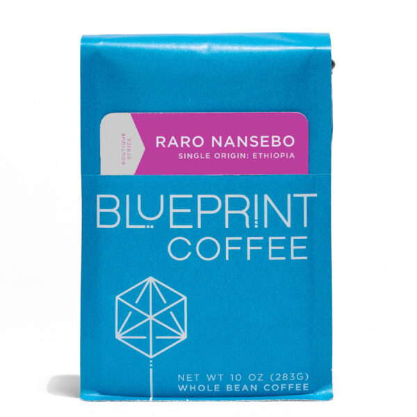 A 10-ounce bag of Raro Nansebo, Ethiopia coffee beans. The package is blue with the Blueprint Coffee Logo and the coffee name is in purple and grey.