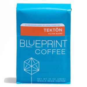 A blue 10-ounce bag of Tektōn filter blend coffee beans featuring the Blueprint Coffee Logo and an orange removable info card.