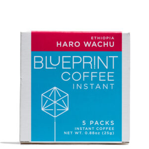 A white box containing Haro Wachu, Ethiopia instant coffee roasted by Blueprint Coffee. The box features the Blueprint Coffee logo in blue and the coffee name in red.