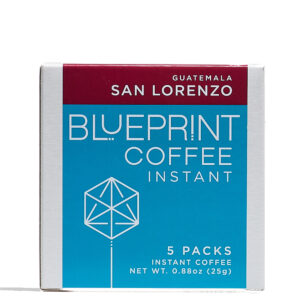 A white box containing San Lorenzo, Guatemala instant coffee roasted by Blueprint Coffee. The box features the Blueprint Coffee logo in blue and the coffee name in red.