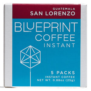 A white box containing San Lorenzo, Guatemala instant coffee roasted by Blueprint Coffee. The box features the Blueprint Coffee logo in blue and the coffee name in red.