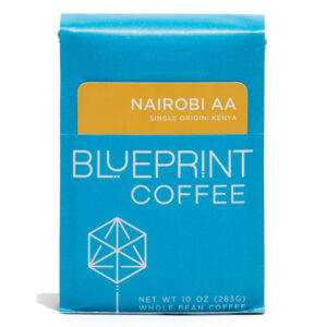 A blue 10-ounce bag of Nairobi AA, Kenya coffee beans featuring the Blueprint Coffee Logo and a yellow removable info card.